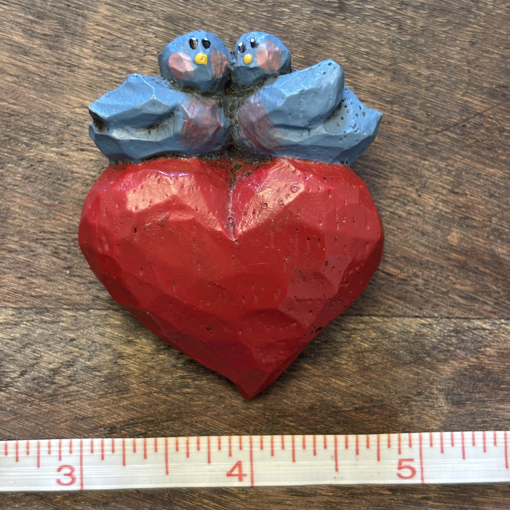 Carved Wood Bluebirds Red Heart Folk Art Brooch Mixed Metal
